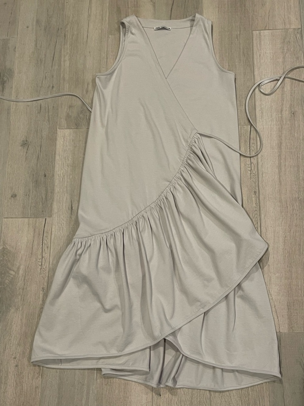 ZARA Beige Wrap Dress S Ruffle Hem Tie Waist Asymmetrical Cotton Midi